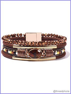 Crystal Beaded Leather Wrap Bracelet Boho Stackable Chunky Western Cuff